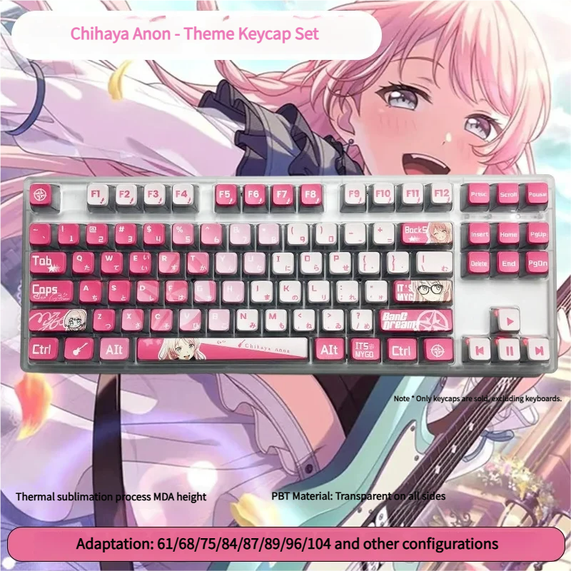 Dynamic MyGO Chihaya Anon glowing PBT keycaps set in a gallery view, highlighting their all-sided translucent material from various perspectives.