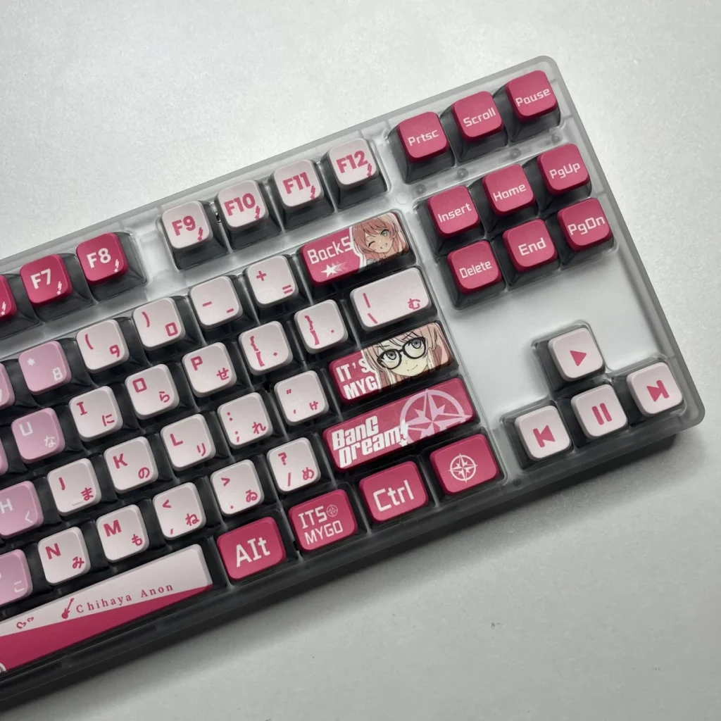 Exclusive MyGO Chihaya Anon glowing PBT keycaps set, translucent and vibrant with dynamic anime art, shown from multiple playful angles.