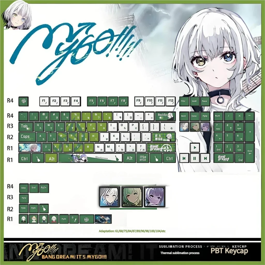 MYGO Rana Kaname Luminous PBT keycap set shown from various playful angles, highlighting the exclusive anime character and vibrant all-side RGB light-throuh design.