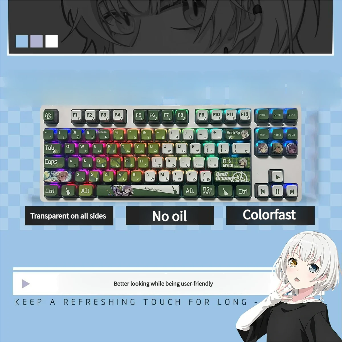 Playful MYGO Rana Kaname Luminous PBT keycaps set, showcasing exclusive anime character art and vibrant all-side RGB glow from various angles.