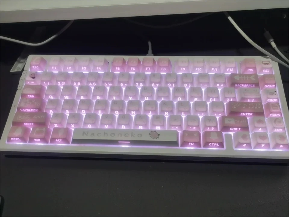 Cute Nachoneko PBT anime keycaps set, showcasing the unique design of backlit effect for full set in dreamy pastel pink, purple, and blue colors.