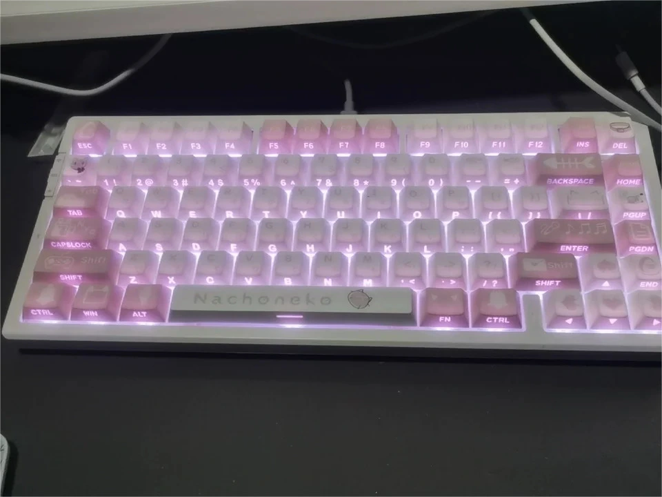 Nachoneko PBT Anime Keycaps set with dreamy pastel pink, purple, and blue designs, featuring Virtual YouTuber characters and stars icon design.