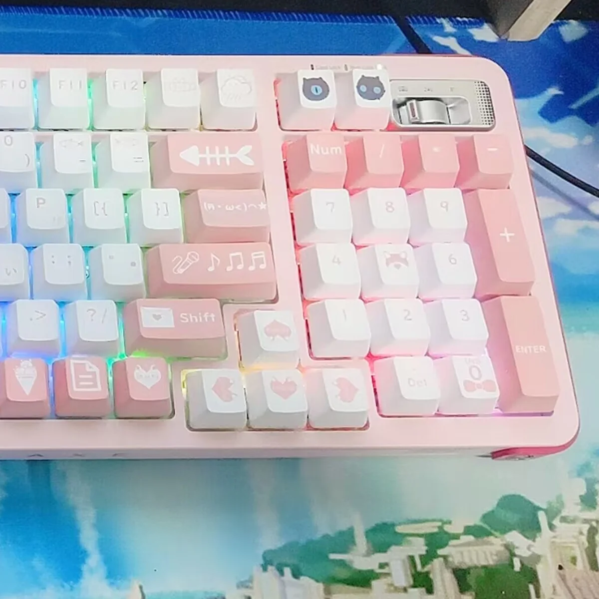 Playful Nachoneko PBT anime keycaps set, featuring kawaii pastel pink, purple, and blue designs with cute cat girl and star illustrations.