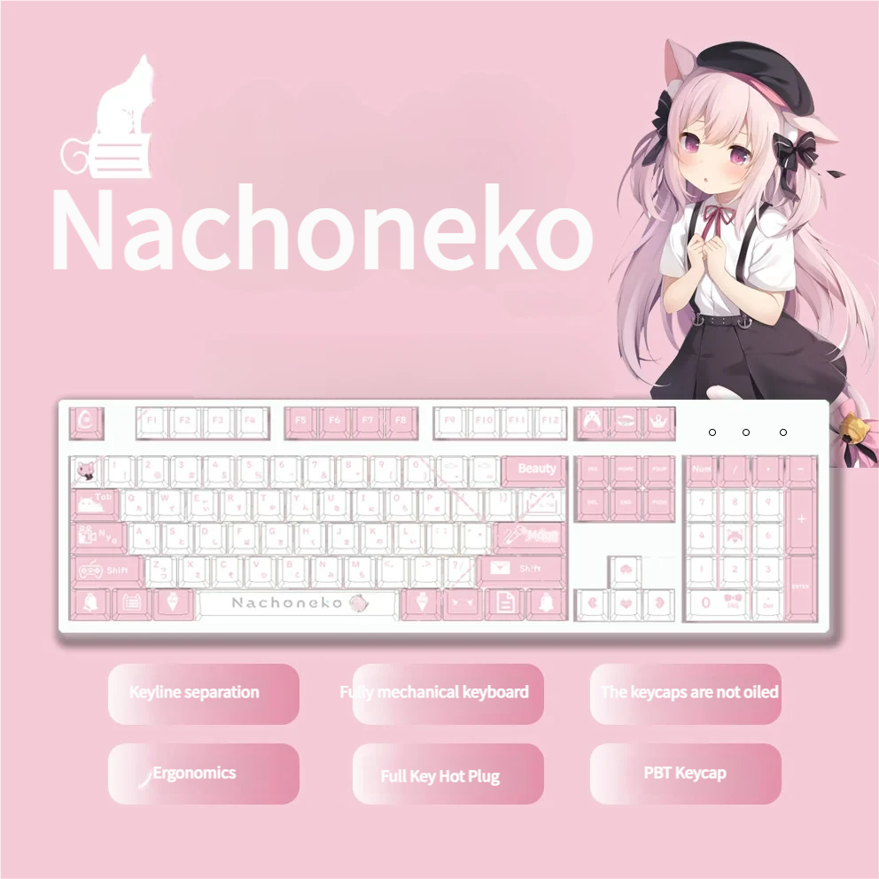 Kawaii Nachoneko PBT anime keycaps set, showcasing the side-printed, backlit small full set in dreamy pastel pink, purple, and blue with stars.