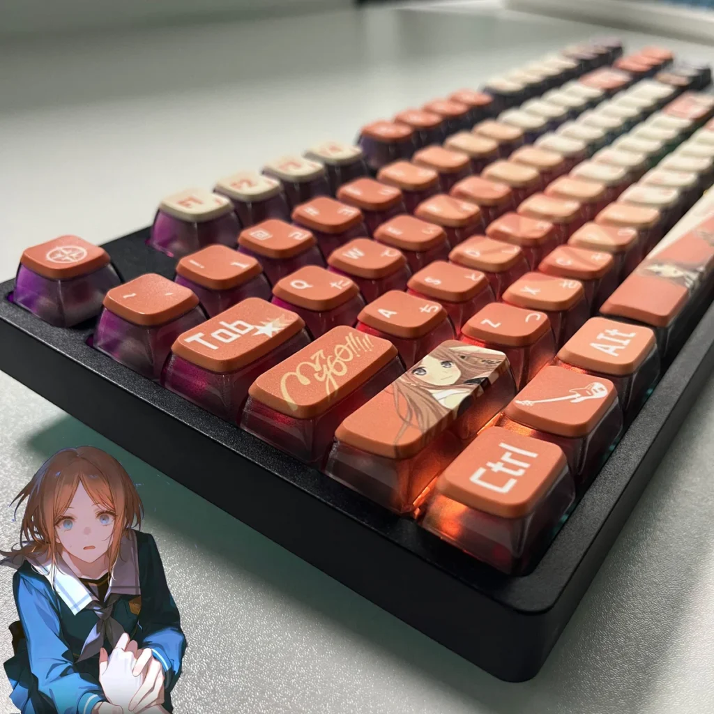 Dive into the vibrant world of Nagasaki Soyo PBT Four-Sided Shine-Through keycaps set, featuring playful anime art and dazzling RGB effects from all sides angles.