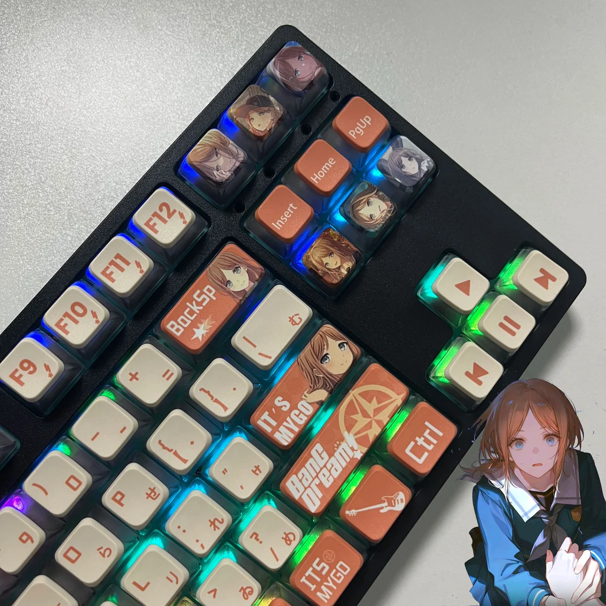 Vibrant Nagasaki Soyo PBT four-sided shine-through keycaps set displayed from multiple angles, highlighting the dynamic anime character art and brilliant design.