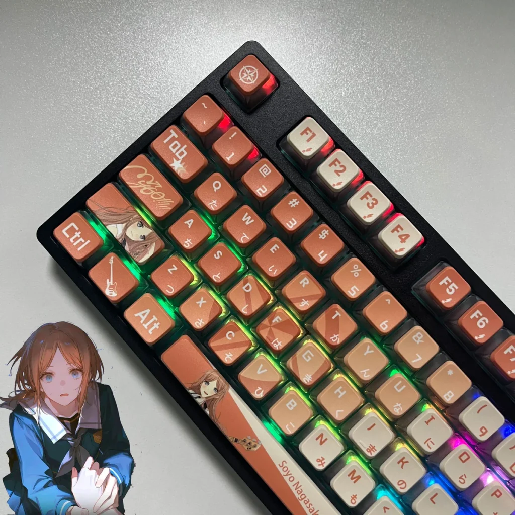 Close-up gallery views of Nagasaki Soyo PBT four-sided shine-through keycaps set, showcasing vibrant anime art and dynamic RGB light from various angles.