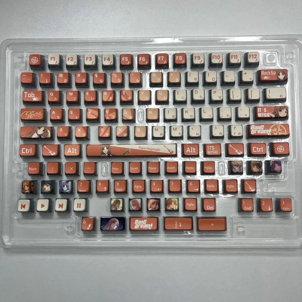 A collection of Nagasaki Soyo PBT four-sided shine-through keycaps set, showcasing vibrant anime art and dynamic RGB lighting from multiple angles.