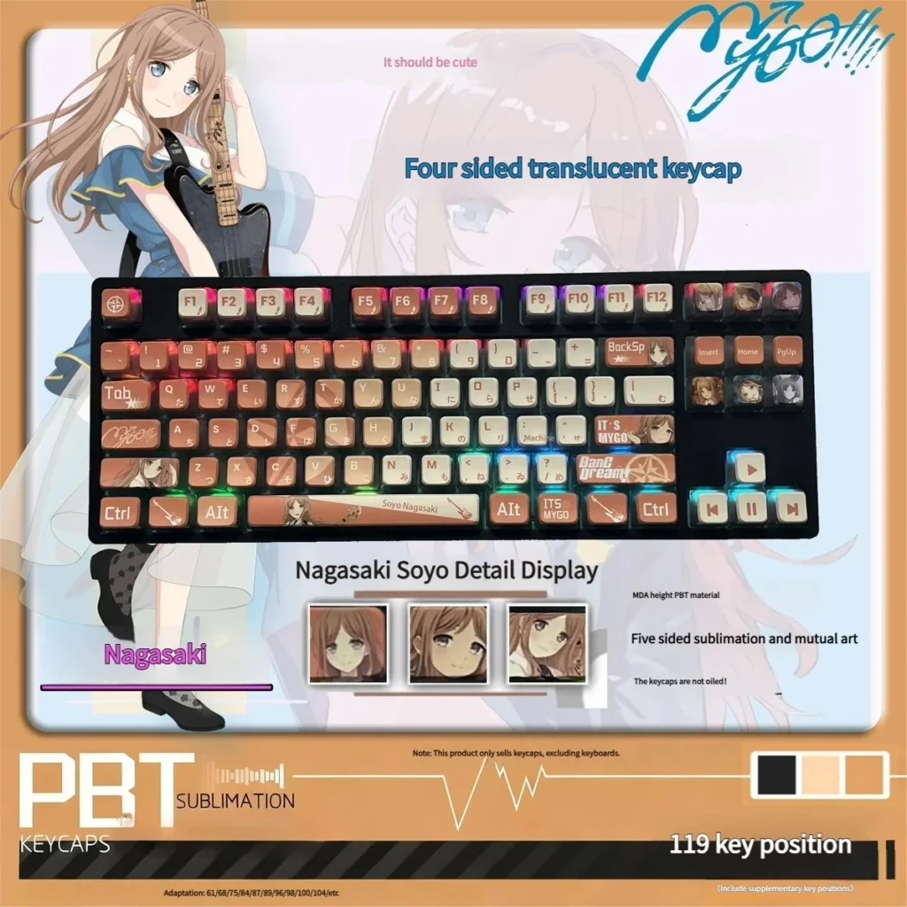 Vibrant Nagasaki Soyo PBT keycap set featuring anime art and dynamic four-sided shine-through RGB lighting, perfect for playful custom keyboards.