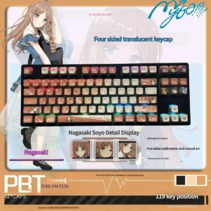 Vibrant Nagasaki Soyo PBT keycap set featuring anime art and dynamic four-sided shine-through RGB lighting, perfect for playful custom keyboards.