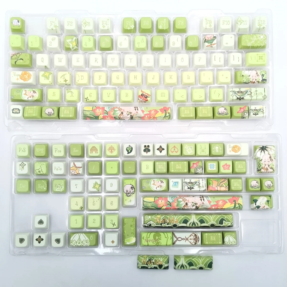 Vibrant Genshin Impact Nahida MDA Profile Keycap Set displayed from various angles, highlighting its exclusive character art and whimsical fantasy aesthetics.