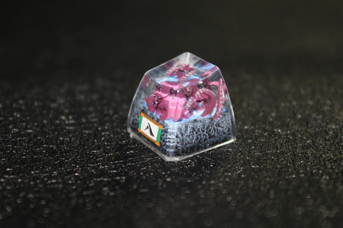 Close-up gallery views of the handcrafted Naruto Eight-Tails Gyuki artisan keycap, highlighting its intricate mythical creature design and vibrant collectible setup.