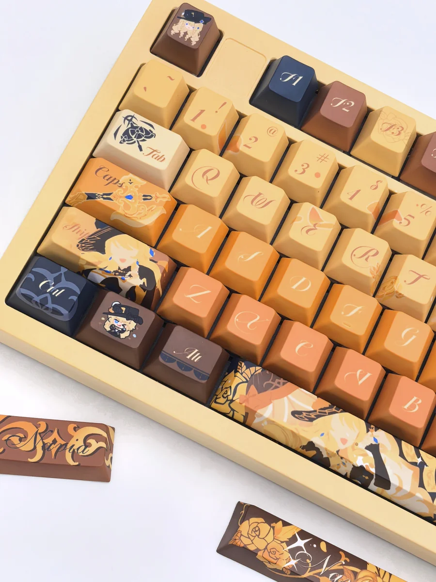 Navia Elegance custom mechanical keycaps set artfully displayed from a distinct angle, revealing intricate amber, gold, and black rose motifs for a premium view.