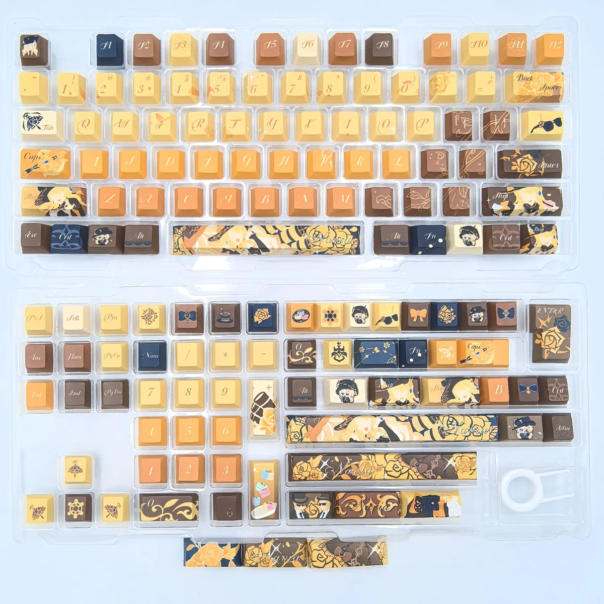 Navia Elegance custom mechanical keycaps set, featuring intricate amber, gold, and black rose motifs from multiple angles, emphasizing its exclusive premium setup.