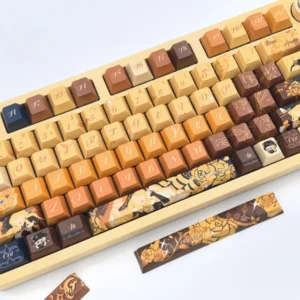 Exclusive Navia Elegance custom mechanical keycaps set featuring elegant amber, gold, and black with intricate rose motifs. A premium Navia-themed set.