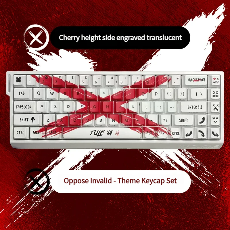Objection Overruled keycaps set from multiple angles, showcasing their striking two-tone, side-engraved, dye-sublimated Cherry profile legends and art.