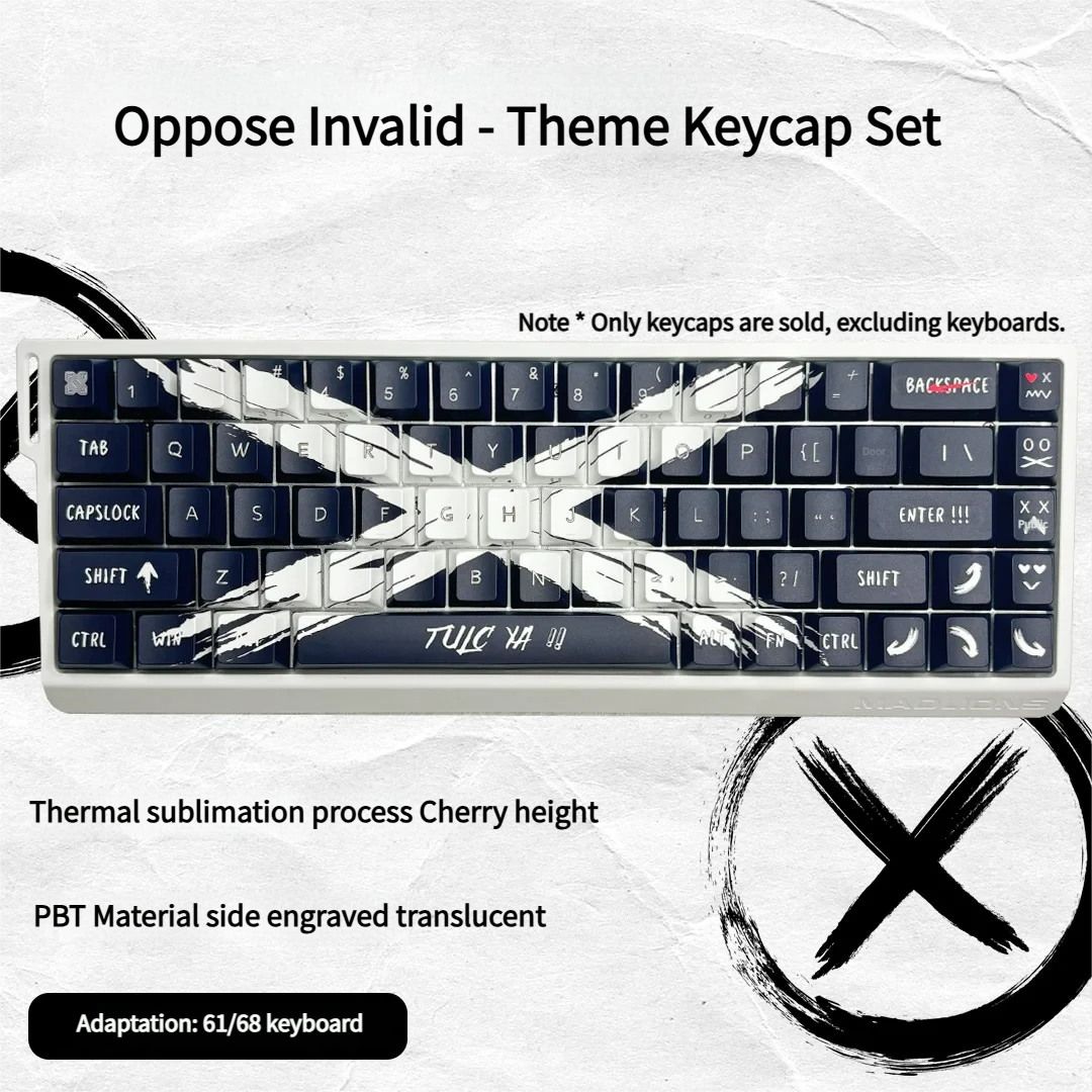 Objection Overruled keycaps set, side-engraved with bold Cherry legends, presented from multiple angles to highlight their striking two-tone.