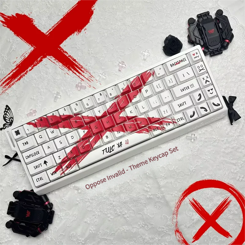 Objection Overruled keycaps set in a two-tone aesthetic. Multiple angles reveal bold, side-engraved, dye-sublimated Cherry profile legends.