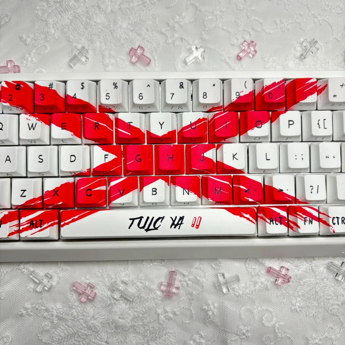 Artistic gallery of Objection Overruled keycaps set, showcasing their striking two-tone aesthetic, bold side-engraved dye-sublimated legend.