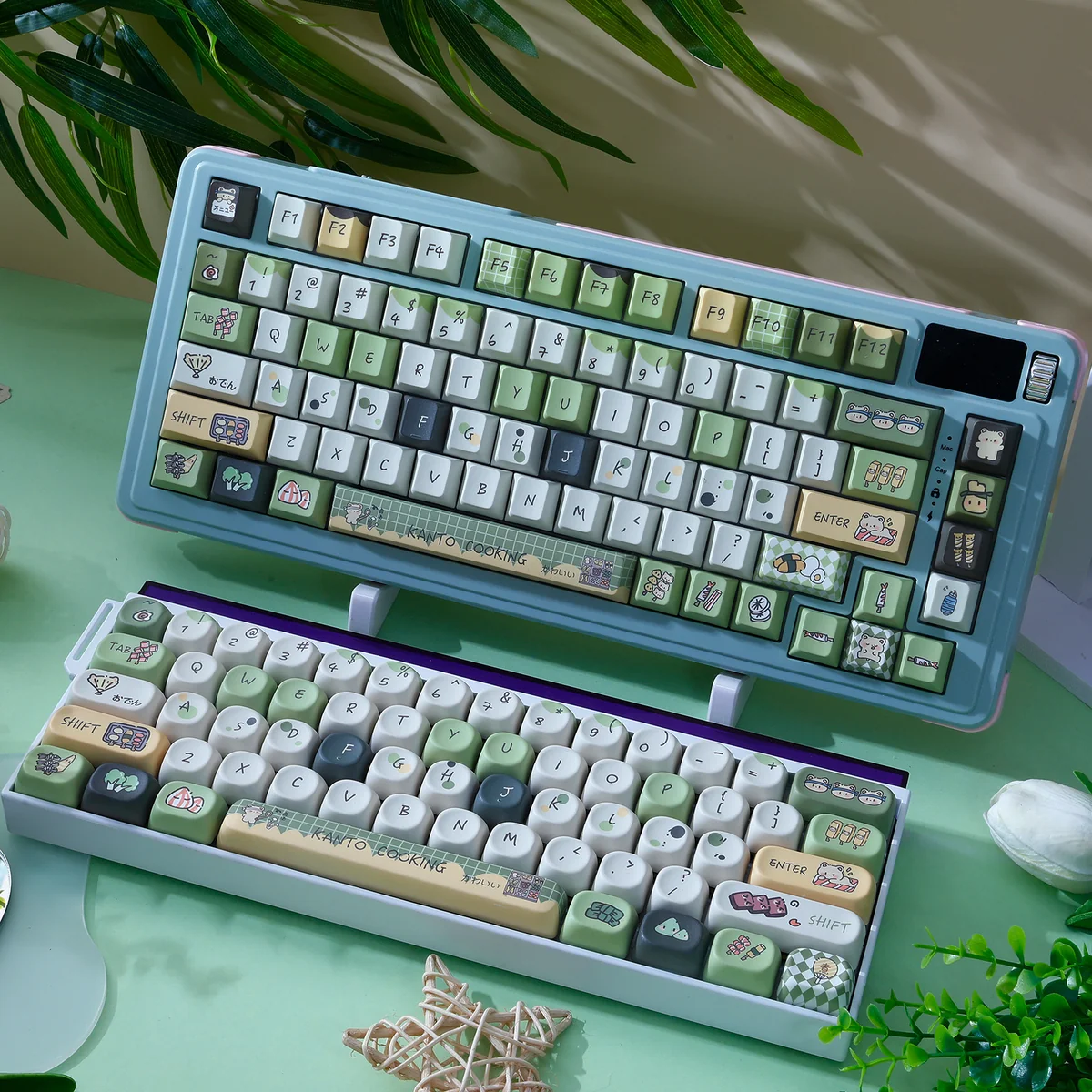Cozy Oden PBT Keycap Set shown from multiple angles, highlighting whimsical Japanese oden illustrations, durable PBT, and ergonomic profile for keyboard.