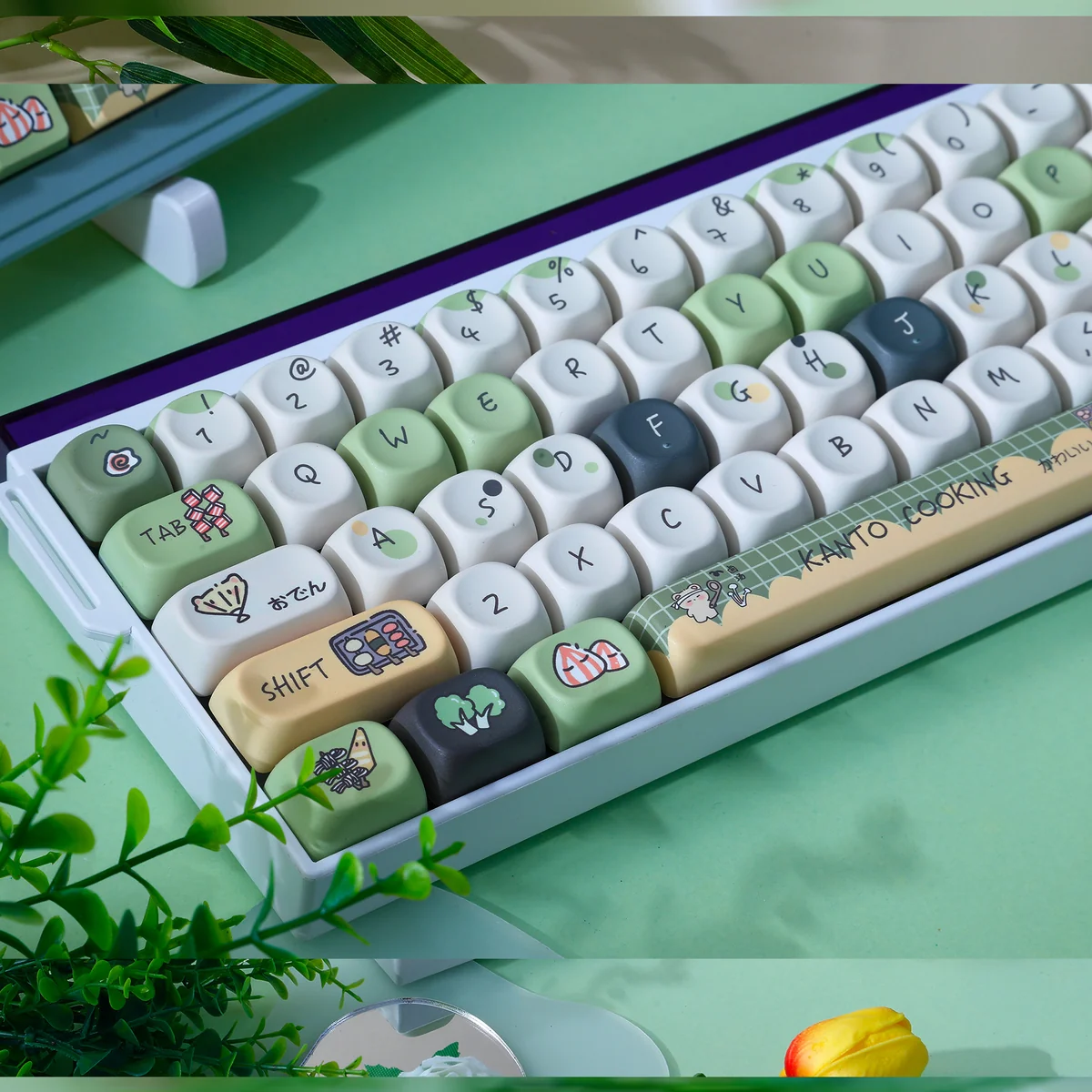 Whimsical Oden PBT Keycap Set, durable and ergonomic, shown from multiple angles. Features cozy Japanese culinary art.