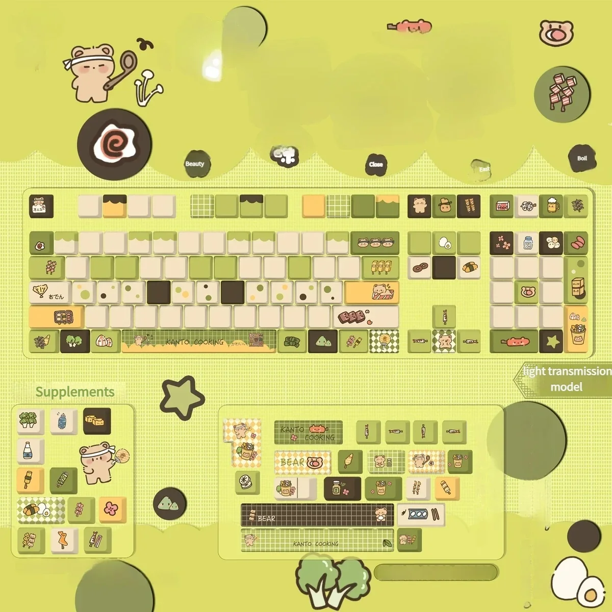 Artistic Cozy Oden PBT keycap set showcasing front-lit square legends, evoking whimsical Japanese culinary comfort and warmth. Enjoy durable, ergonomic design.