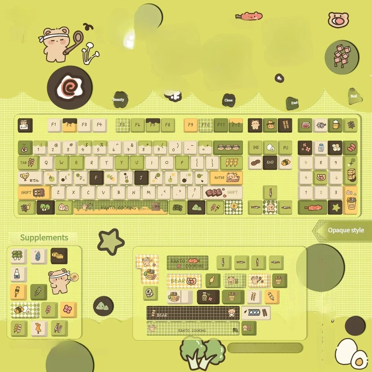 Close-up of opaque, rounded PBT keycaps set from the whimsical Cozy Oden set, showcasing their smooth spherical feel and artistic Japanese design.