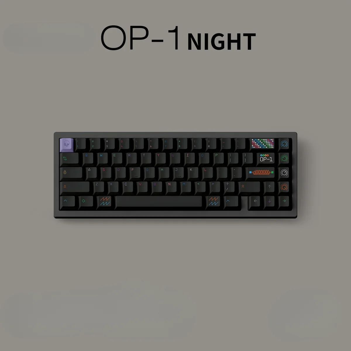 Sleek, pure black OP-1 Night PBT keycaps set viewed from an elegant angle, highlighting their iconic minimalist design and crisp, durable legends.