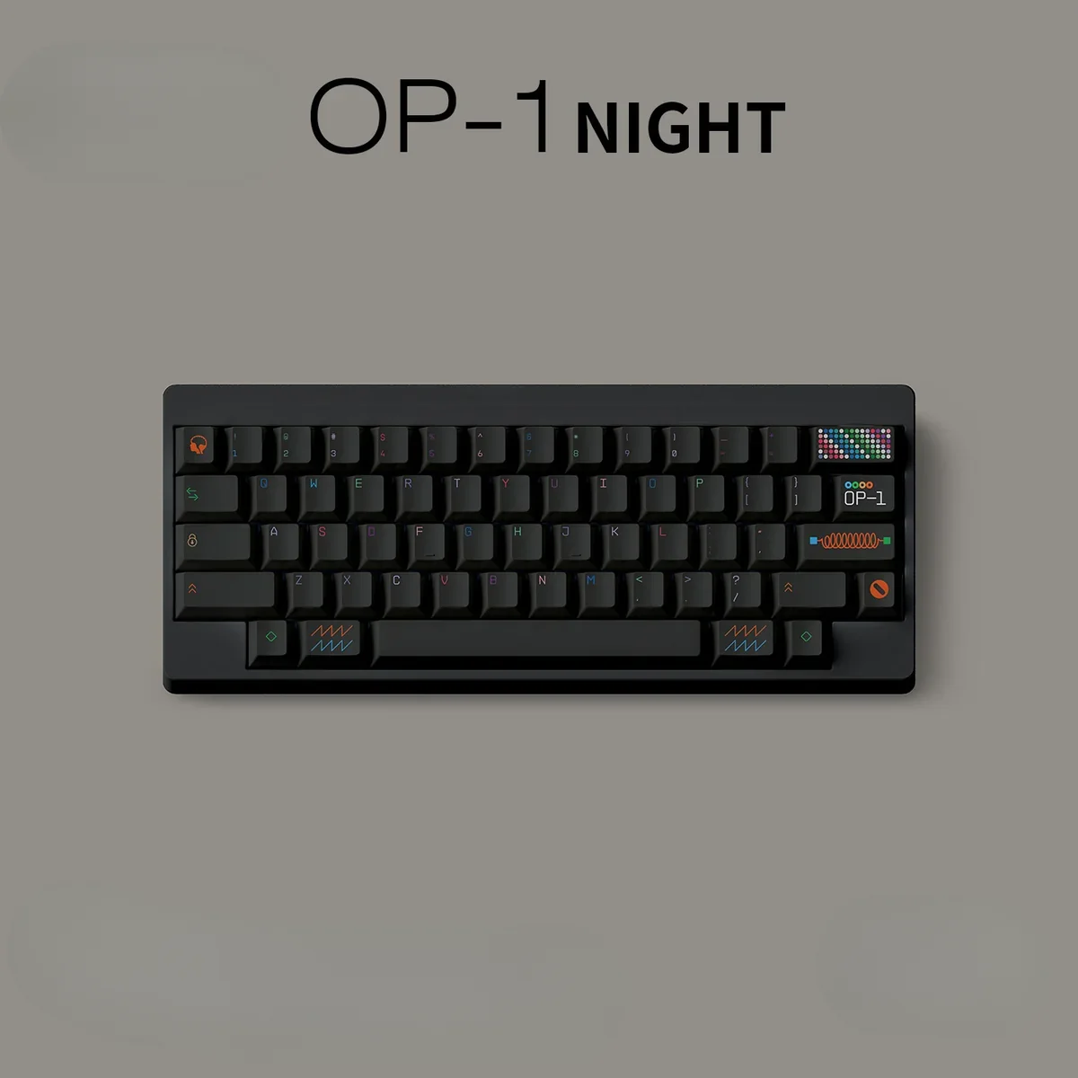 Sleek, pure black OP-1 Night PBT keycaps set displayed from an elegant angle, showcasing their iconic minimalist design, durable PBT, and crisp legends.