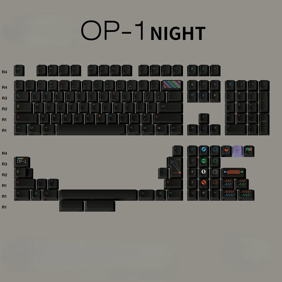 Pure black OP-1 Night PBT keycaps set captured from a unique angle, highlighting their sleek, iconic minimalist design, durable PBT construction, and crisp legends.