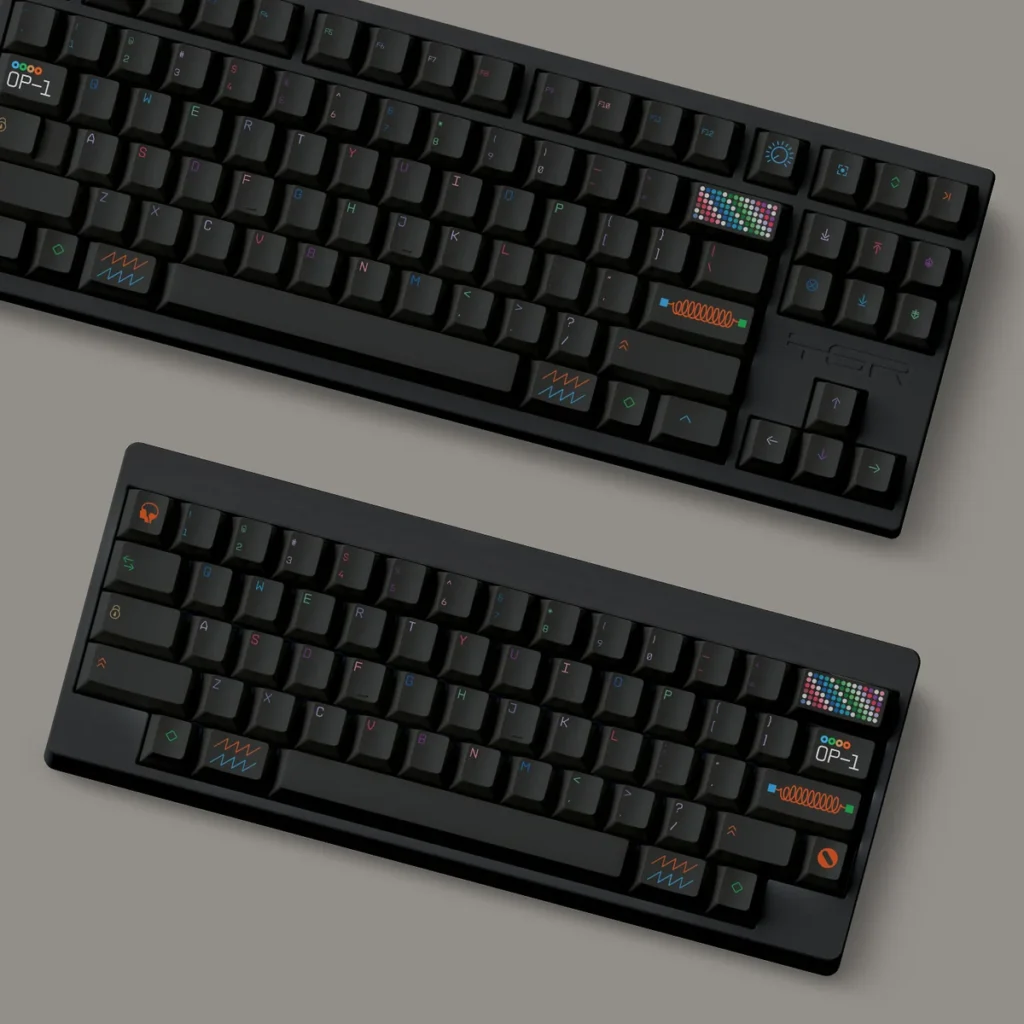 Sleek, pure black OP-1 Night PBT keycaps set featuring an iconic minimalist design and crisp legends, highlighting their durable, premium quality.