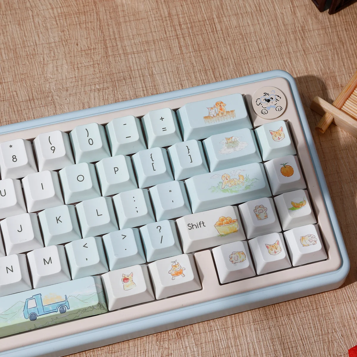 Whimsical Summer Orange Cat PBT Keycap Set, showcasing vibrant, playful orange cat illustrations and soft pastel summer motifs from multiple angles.