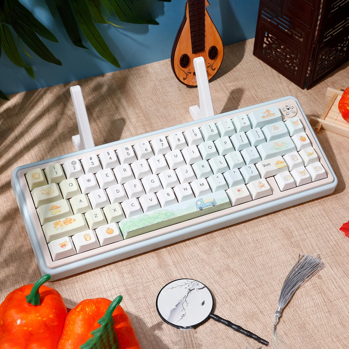 Whimsical Summer Orange Cat PBT keycap set images, showing playful orange cat illustrations and vibrant summer motifs from various angles, with soft palette.