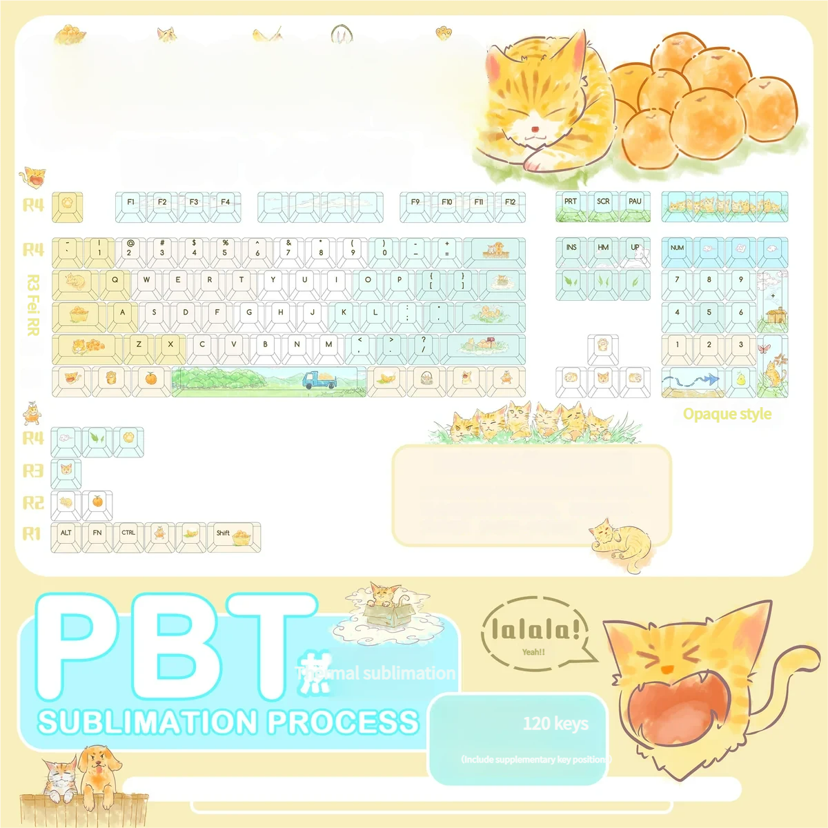 A close-up view of the playful Whimsical Summer Orange Cat PBT Keycap Set, showcasing vibrant orange cats and soft pastel summer motifs from a unique design.