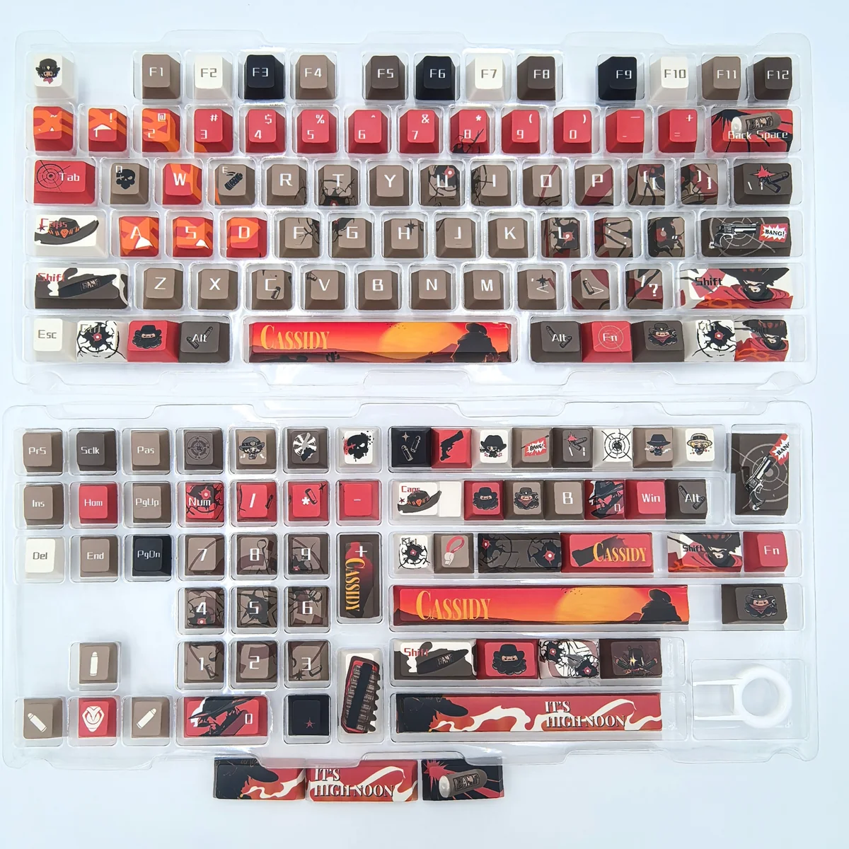 A detailed side view of the premium handcrafted Overwatch Cassidy artisan keycap set, showcasing its rugged Western aesthetic and intricate character artwork.