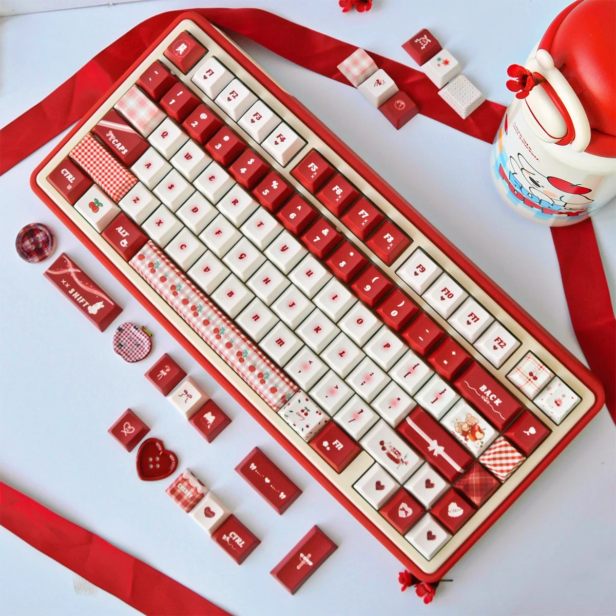 Gallery views of the Cherry Day Vibrant PBT Dye-Sub Keycap Set, showcasing cheerful red and white cherry legends and its vibrant PBT Cherry profile.