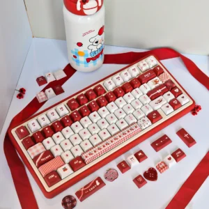 Main image of the Cherry Day Vibrant PBT Dye-Sub Keycap Set, showcasing cheerful red and white Cherry profile keycaps with whimsical cherry legends.