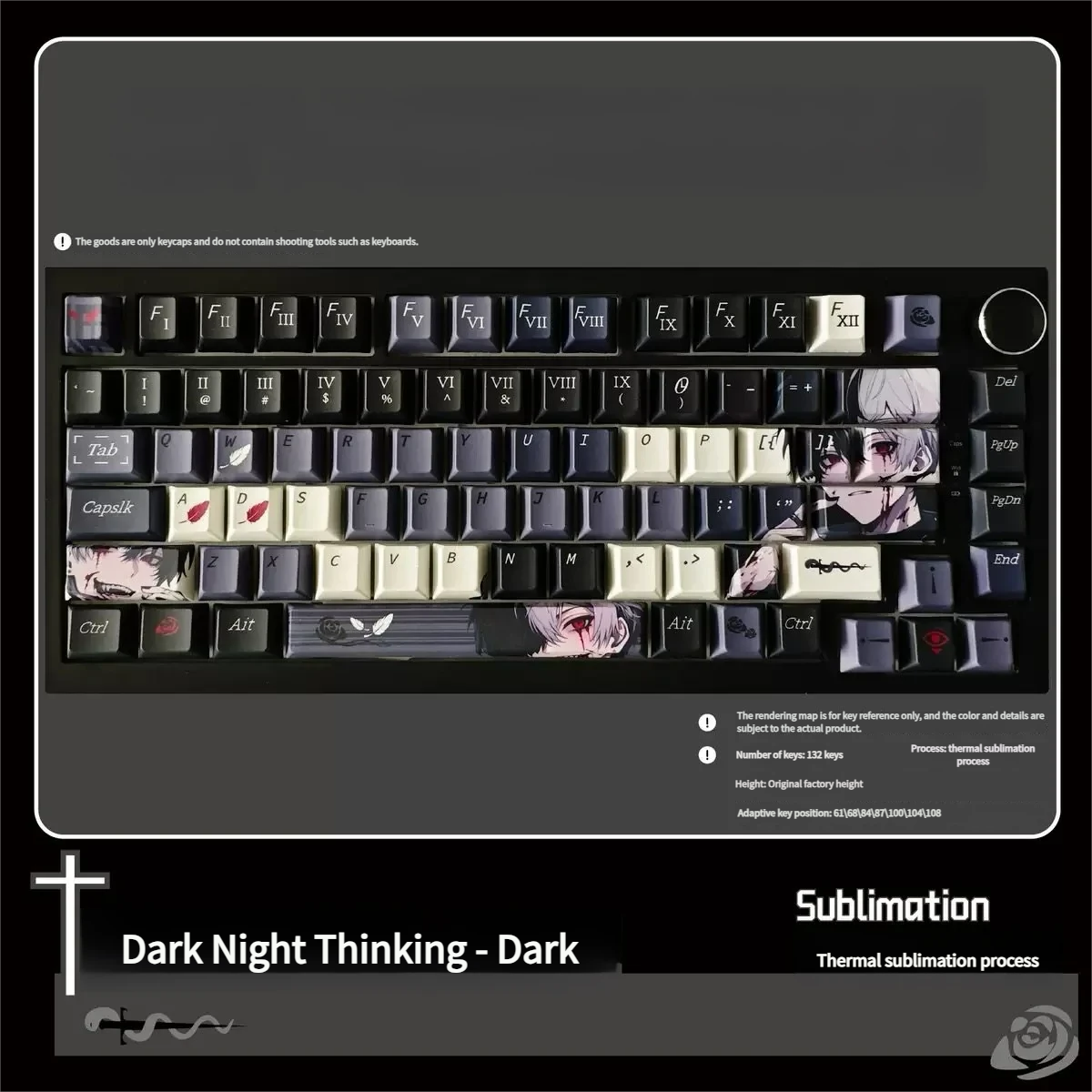 A gallery of Dark Reverie PBT Keycap Set images showcasing its durable dye-sublimated legends and elegant dark aesthetic from various angles, perfect for gamers.