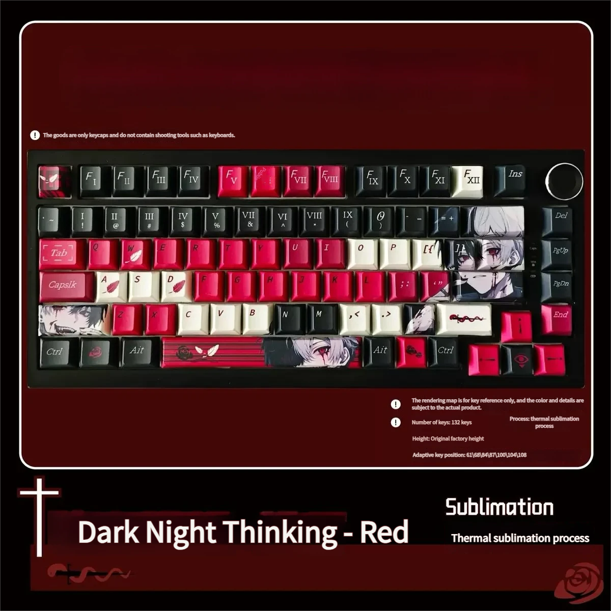 Dark Reverie PBT Keycap Set, durable dye-sublimated. Multiple angles reveal elegant dark aesthetic, mysterious colors, evoking nocturnal sophistication design.
