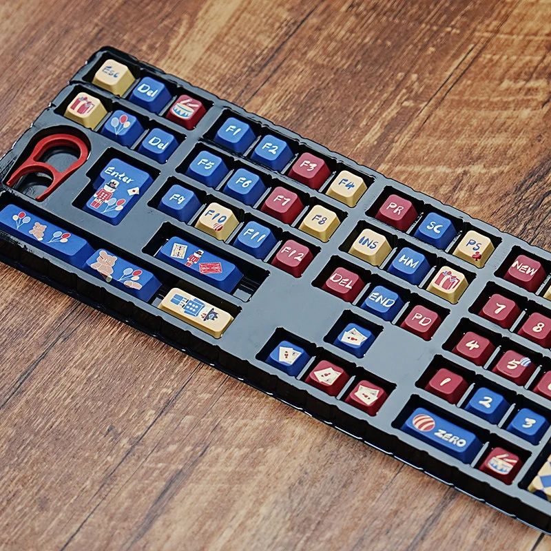 Cozy Comfort Nutcracker PBT keycap set, showcasing its unique earthy walnut tones and dreamlike aesthetic from multiple angles.