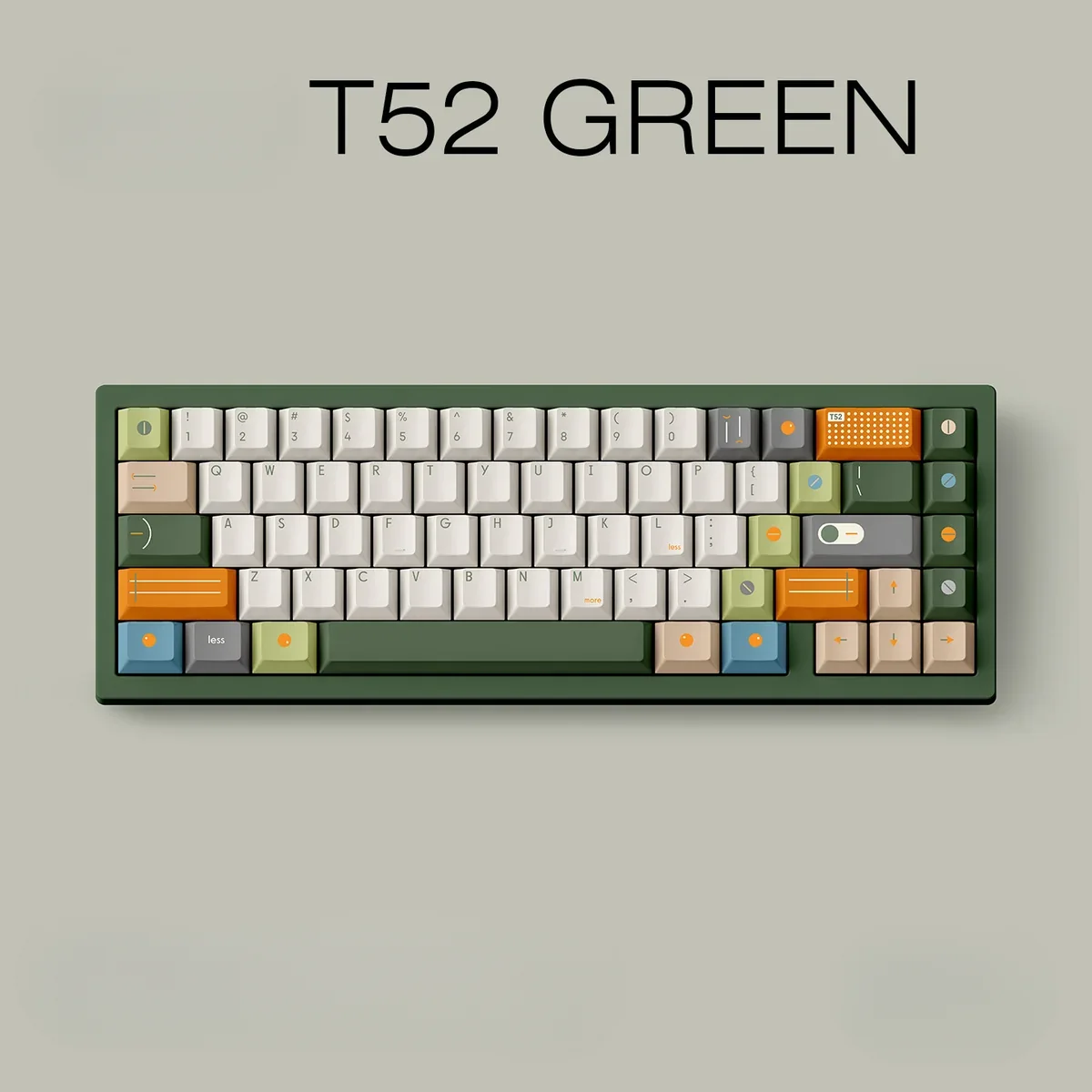 Multiple views of the T52 Green PBT Keycap Set, highlighting its serene green color, durable PBT construction, and crisp, clean legends.