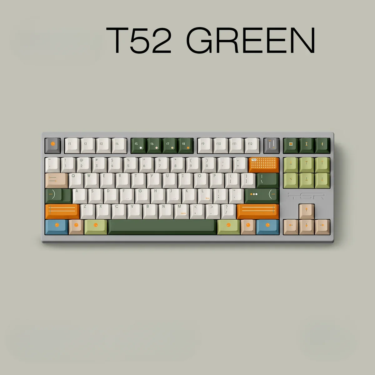 T52 green PBT keycap set, various angles revealing serene green, clean lines, durable PBT, and crisp legends. Premium quality.