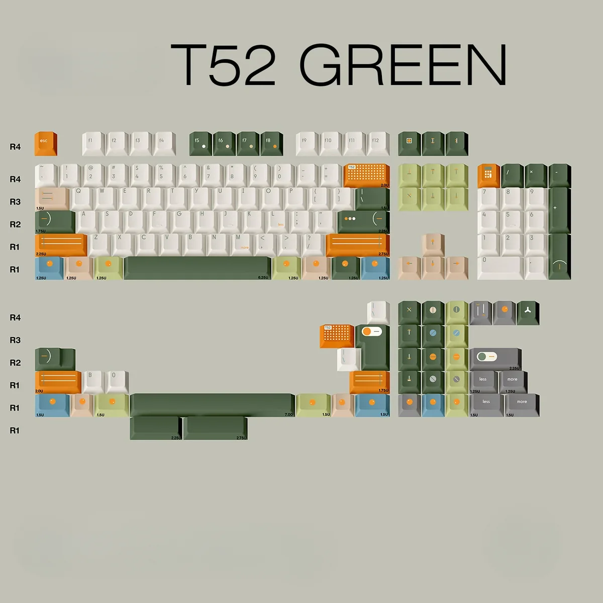 Detailed views of the T52 Green PBT Keycap Set, highlighting serene green, clean lines, durable PBT, and crisp legends.