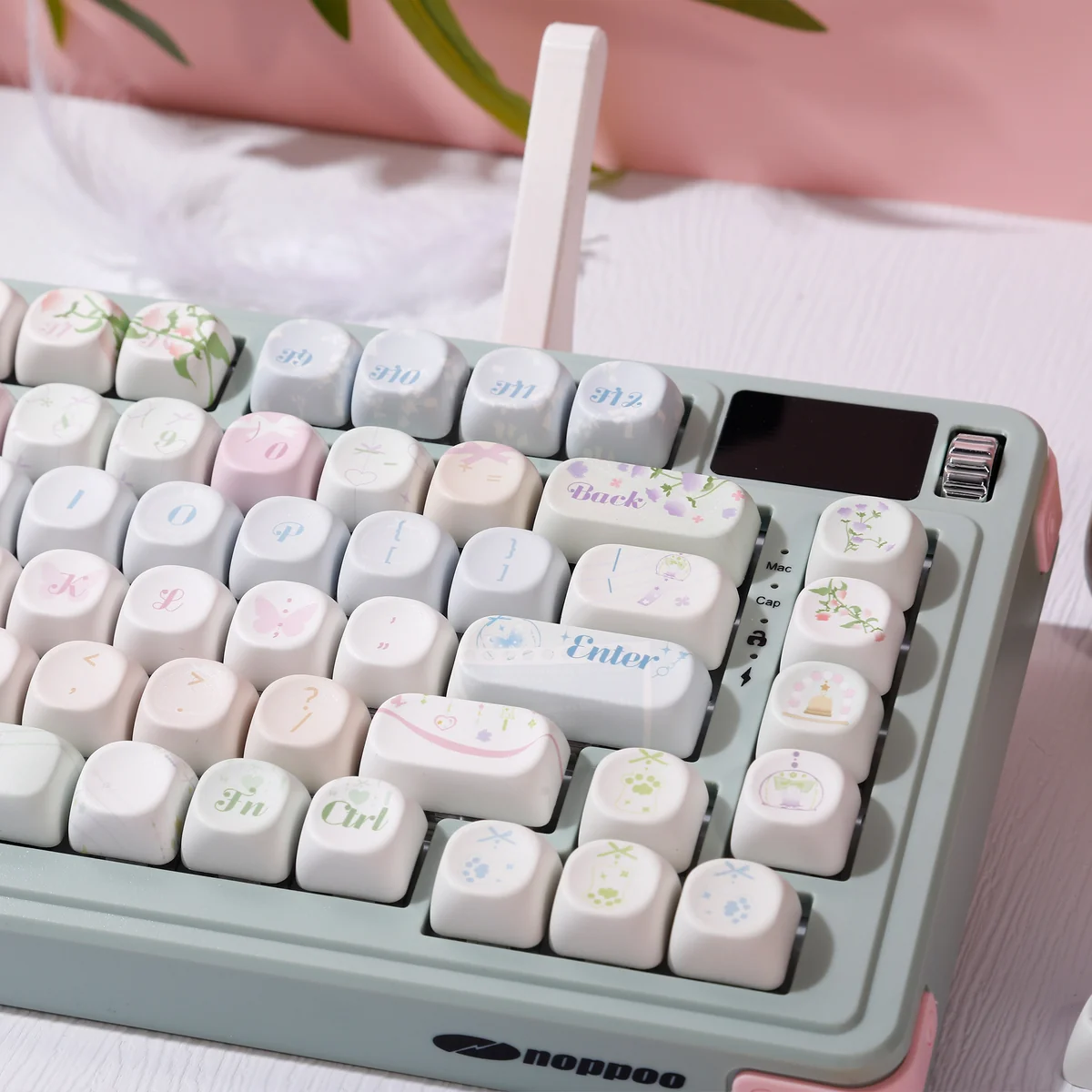 Wind Chime Dream PBT Keycap Set, blue-pink gradient. Whimsical wind chime and cloud motifs on durable PBT keycaps, shown from various angles.