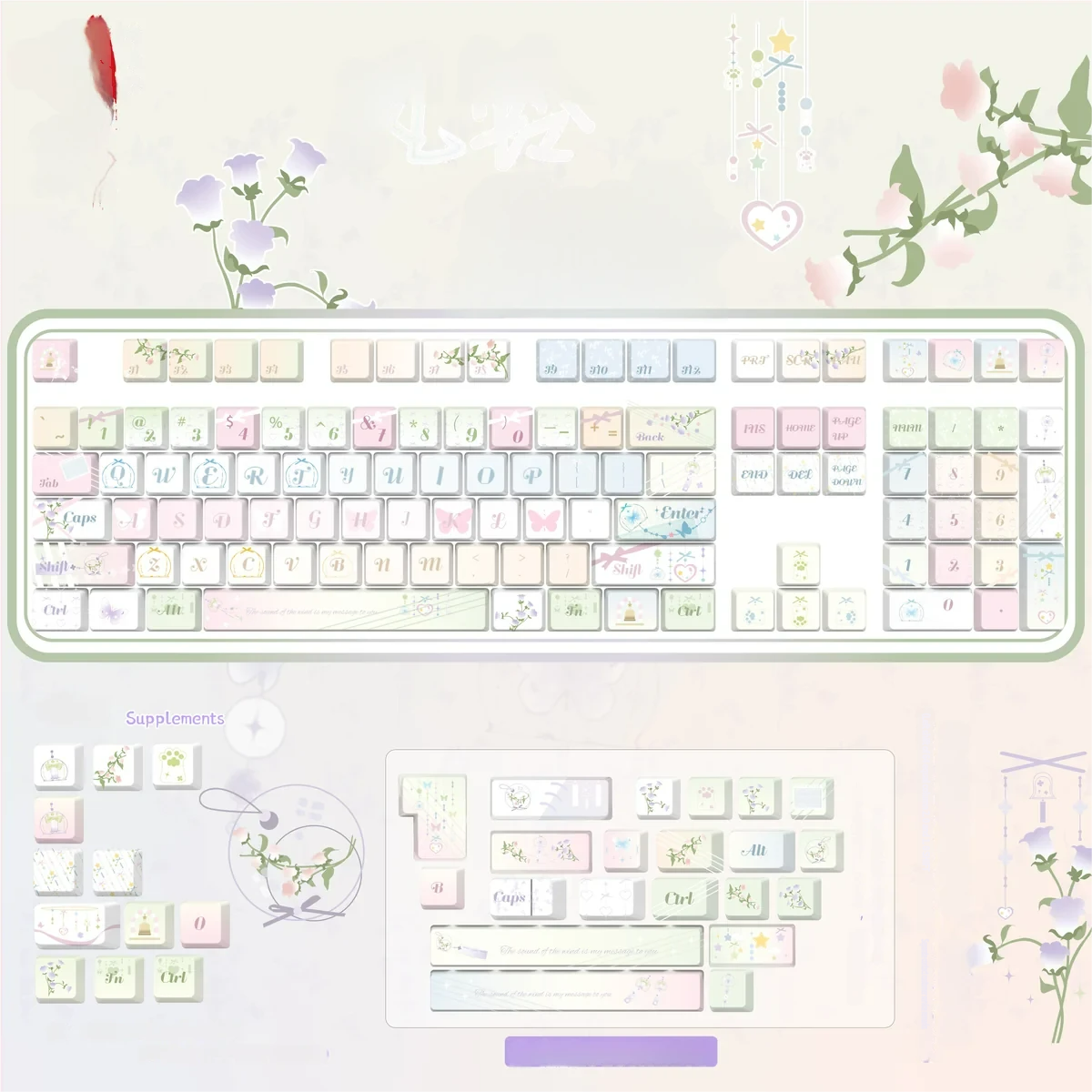 Ethereal SOA opaque PBT keycap set showcasing a whimsical blue-pink wind chime dream design. Durable full set for an artistic keyboard.