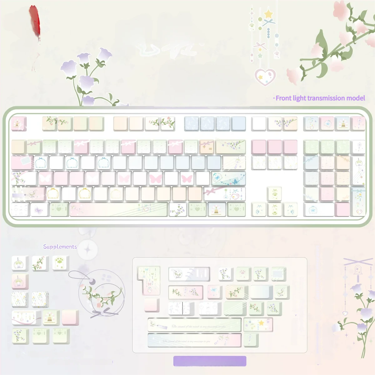 Artistic Wind Chime Dream PBT keycap set, blue-pink gradient, featuring front-lit legends and whimsical motifs in a durable, small full set.