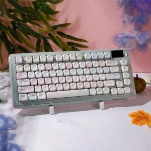 Whimsical Wind Chime Dream PBT Keycap Set featuring a durable PBT build and ethereal blue-pink gradient with delicate cloud motifs.