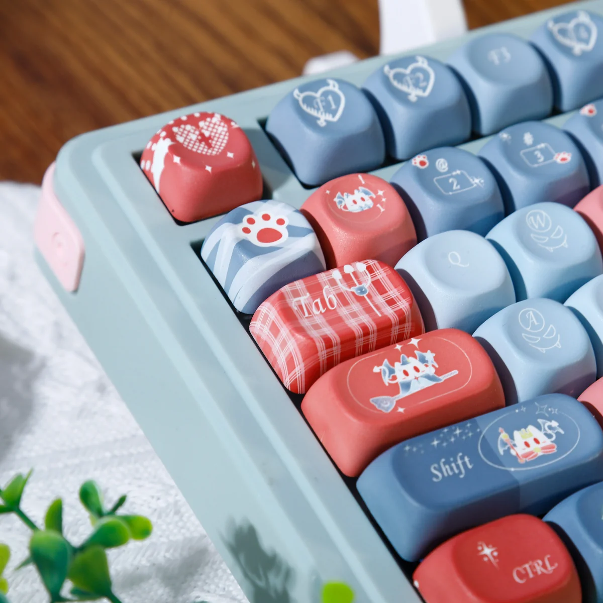 Close-up views of Devil's Nocturne PBT keycaps set, highlighting their unique sculpted profile and minimalist dark fantasy legends in rich, nocturne design.