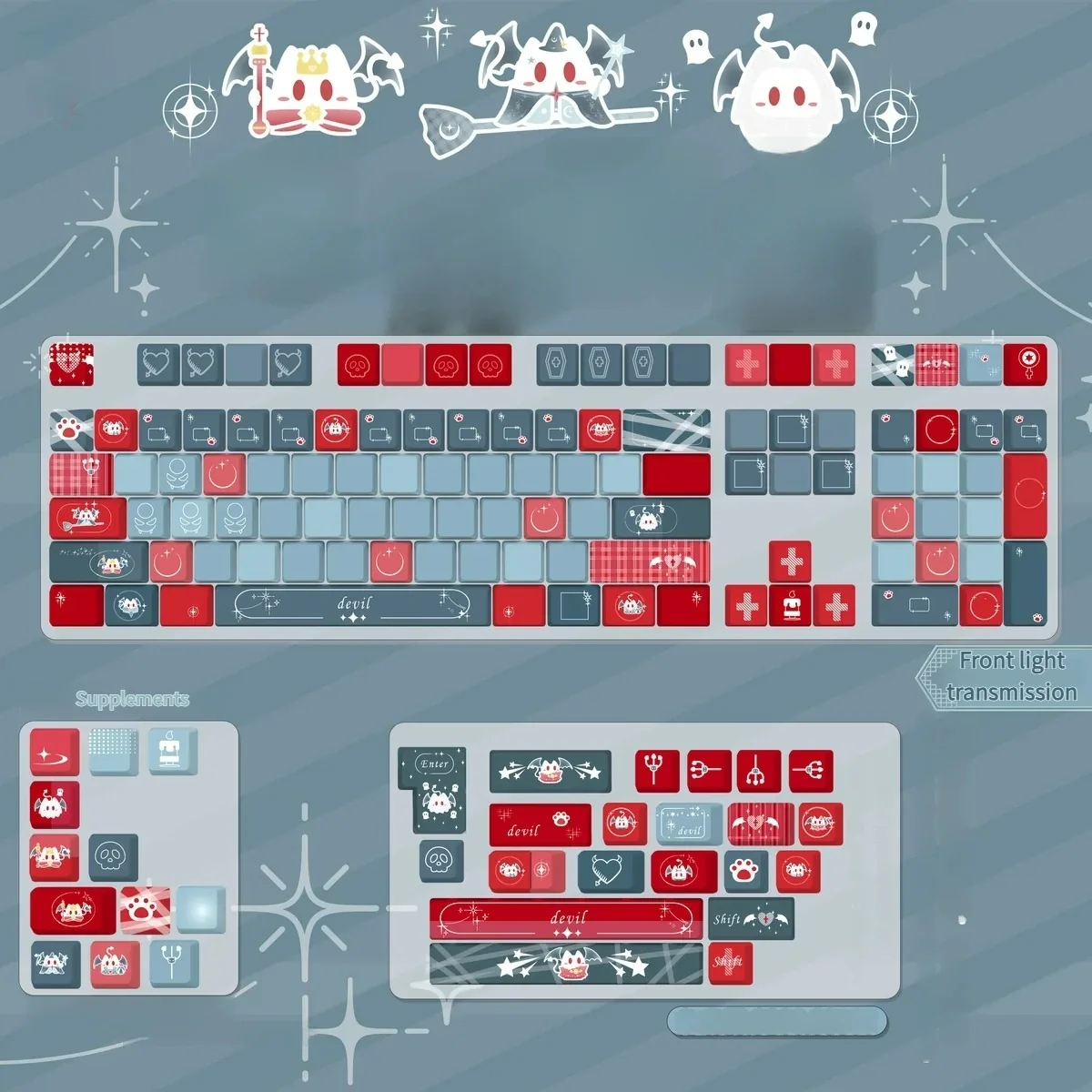 Devil's Nocturne PBT keycap set variant with minimalist, front-translucent square legends, enhancing its unique dark fantasy theme.