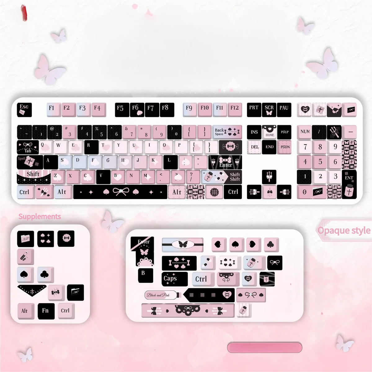 Artistic black and vibrant pink PBT keycaps set with enigmatic dye-sub legends, showcasing an OEM opaque profile for a unique keyboard aesthetic.